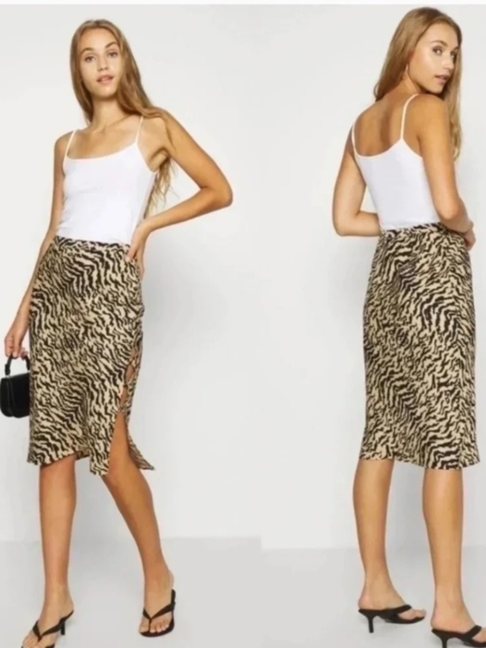 Good American Bias Cut Zebra Print Midi Skirt Size 2X NWT Black Tan